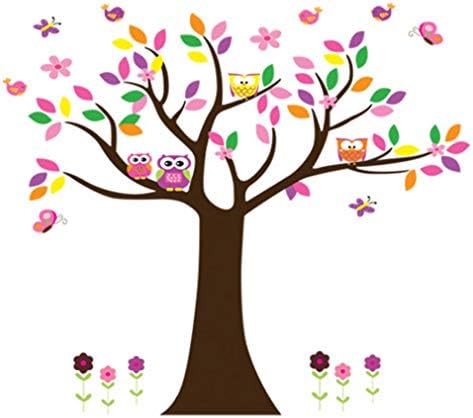 Colorful Tree Owls Wall Decal Butterflies Birds Home Sticker Paper Removable Living Dinning Room Bedroom Kitchen Art Picture Murals DIY Stick Girls Boys Kids Nursery Baby Playroom Decoration