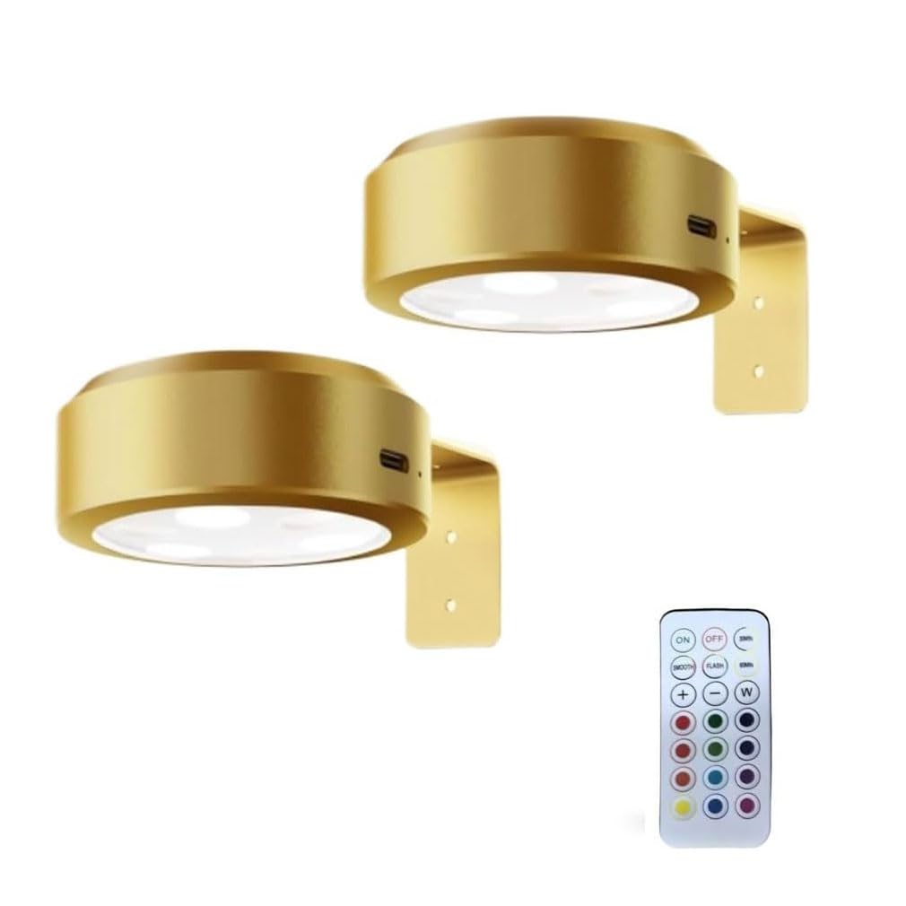 Keeplus 2PCS Picture Lights for Wall,Magnetic LED Rechargeable Wireless Art Picture Frame Lamps,Photo Lights for Wall with 3 Color Temps,Wireless Photo Frame Lamps with Remote Control (Gold, Battery)