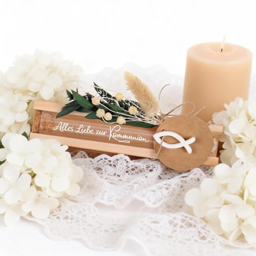 Kommunion Geschenke für Mädchen, Erstkommunion Geschenke Mädchen, Kommunion Geschenk Junge aus Holz, Geldgeschenk mit Trockenblumen & Baumwolle, Taufgeschenk Fisch Deko