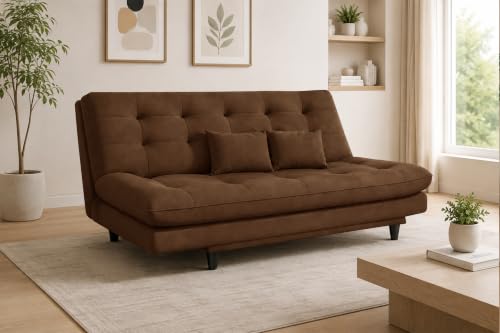 Image of 3-Seater Velvet Sofa Cum Bed | Tufted Convertible Sleeper Sofa | Plush Cushioned Seating | Space-Saving Design for Living Room, Bedroom & Office | Brown