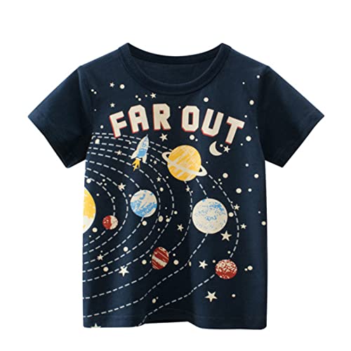 Planets Sp𝐚ce T-Shirt Kids Boys Girls Toddler Short Sleeve Cotton Tee Astronaut Graphic Summer Top Crewneck Casual Clothes Science 𝐆alaxy Design (Dark Blue, 6-7 Years)