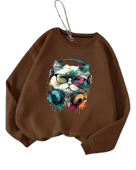 sunbrust Women's Sweatshirt with Cool Cat Headphones Print, Cotton Blend Fleece, Long Sleeve, Round Neck, Casual Pullover-picture-23