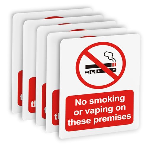 Image of No Smoking or Vaping on These Premises Sign 5 Pack - 100 x 75mm Self Adhesive Vinyl Stickers - Waterproof UV Printed Matte Safety Signs - No Smoking Sign for Doors Windows Walls EN ISO 7010