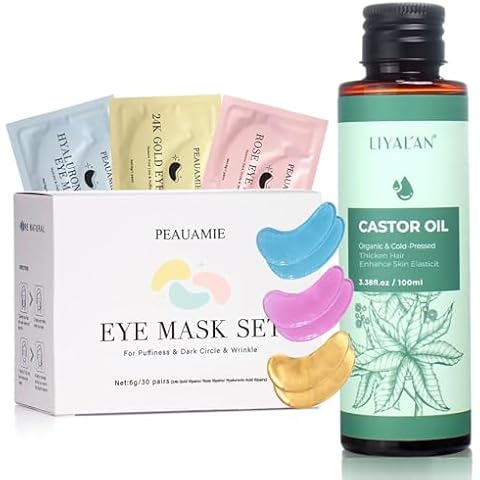 PEAUAMIE Under Eye Patches (30 Pairs) for puffy eyes,Dark Circles&LIYALAN Castor oil 3.38 fl.oz Cold Pressed Unrefined for Hair repair,Face,Body Massage Carrier Oil Cover