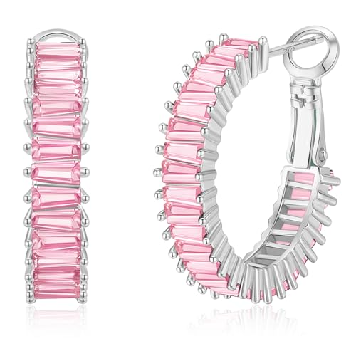 GLOQUAT Baby Pink CZ Hoop Earrings White Gold Plated Light Pink Hoops for Women 925 Sterling Silver Post Vintage Baguette Cubic Zirconia Earrings Trendy Pink Round Circle Hoops for Women Jewelry 25mm