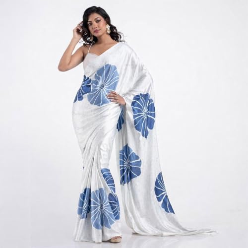 Image of Japan Satin Floral Print Saree for Women with Blouse Piece - Satin Finish Draped Saree