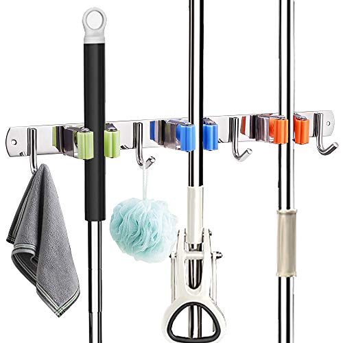 KURTVANA Mop Broom Holder Wall Mount Organizer Storage, Easy Install Screws or Self