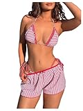 SOLY HUX Women's 3 Piece Swimsuit Striped Halter Triangle String Thong Bikini Set Bathing Suit with Beach Shorts Red and White Striped Medium
