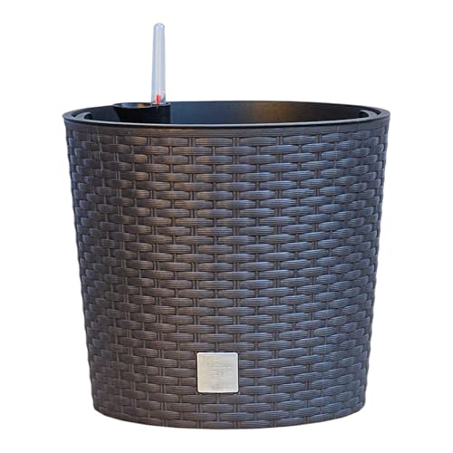 HappyFlower Blumentopf rund mit Innentopf – Pflanzkübel aus Kunststoff in Rattan-Optik, für Innen & Außen, Übertopf Verschiedene Größen & Farben erhältlich, (Äußerer ∅ Oben 25 cm, Braun)
