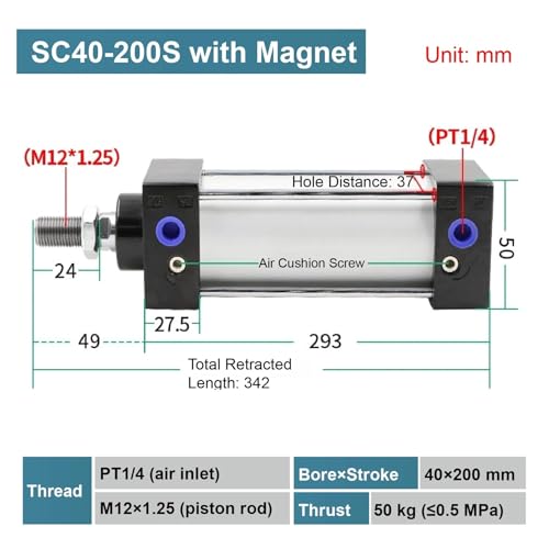 Vérin pneumatique SC40 compact double effet avec corps en aluminium