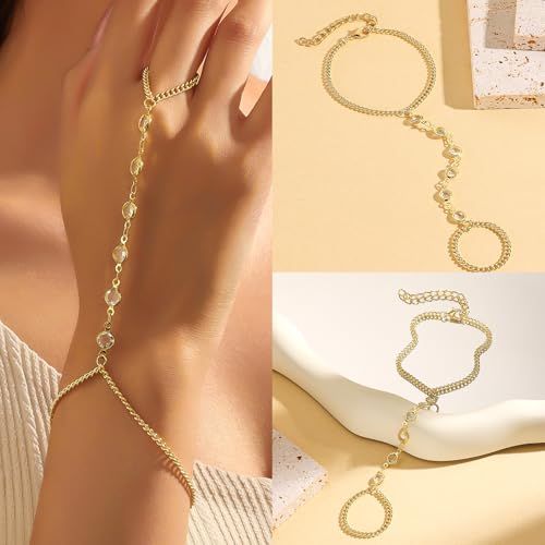 6 Pieces Gold Finger Ring Bracelet for Women Trendy 14k Gold Plated Womens Adjustable Cute Rings Hand Chain Link Bracelets Set for Women Jewelry Gifts Daily Accessories on Summer Beach2