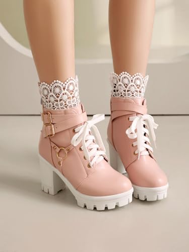 Image of BEAUPAS Women's Gothic Lace Up Platform Ankle Boots Buckles | Buckle Strap, Chunky High Heel, Lace Cuff Top, Platform Combat Boots, Women's Footwear