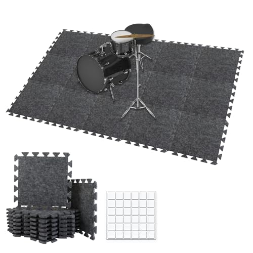 TroyStudio Thick Sound Absorbing Interlocking Floor Mats, 15 Pcs 11x 11 x 0.5 inches High Density Piano Carpet Drum Rug, Non-Slip Anti Vibration Soundproof Pads Acoustic Blankets for Music Studio