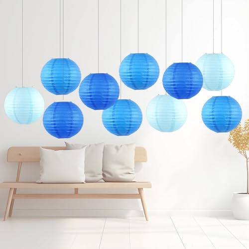 Image of Chinese Paper Lanterns - Pack of 10, 12-Inch Blue /Royal Blue Hanging Lights for Birthday Party Decorations, Ceiling Decor, Rainbow Classroom, Wedding, and Home Party