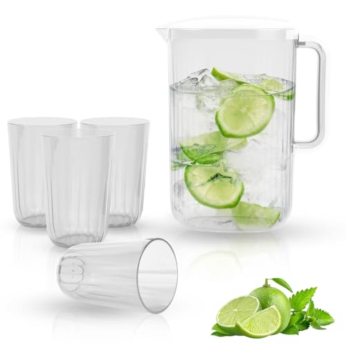 2L Water Jug with Lid, Reusable Plastic Jugs with 4 Tumblers, Drinking Jugs & Vented Spout for Hot/Cold Water Juice Jug with Handle for Home Fridge Door