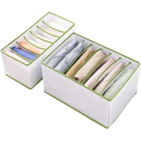 2 Pcs Trouser Storage Organiser Boxes with Lid, Upgrade Foldable Clothes Drawer Organisers, Jeans Storage Organizer 7 Grids Foldable Closet Dividers for Trousers, Leggings, T-shirt, Pants, Skirts Cover