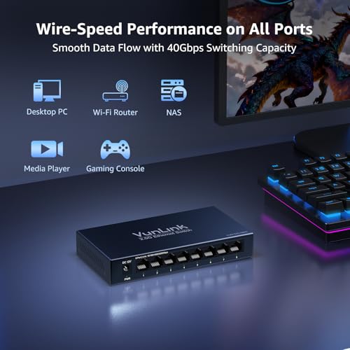Image of 8-Port 2.5G Unmanaged Ethernet Switch, VunLink Multi-Gigabit 2.5GbE Network Switch, 8x2.5Gbps RJ45 Ports, Plug & Play, Fanless Metal Desktop /Wall Mount, Cat5e Compatible for NAS, Gaming & Home Office