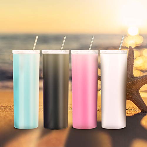 Zonegrace 4 Pack Mix Color Skinny Tumbler with straws,Double wall stainless Steel slim Insulated Water Tumbler With Lid , Bulk 20 oz tumbler cups with silicone bottom,Great Gift for Men and Women