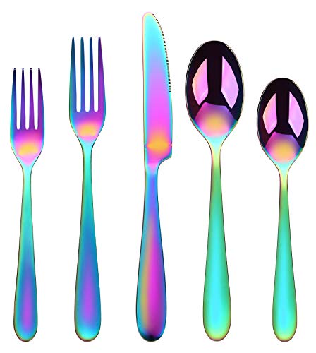 Rainbow Silverware Set 40-Piece Stainless Steel Flatware Cutlery Set for 8 Mirror Polished Utensils Tableware Sets Rainbow Dinnerware Sets Service for 8 Dishwasher safe