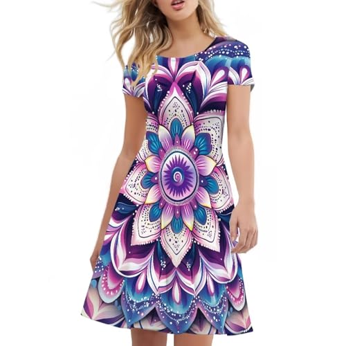 Image of POLERO Sunflower Dress for Women Floral Summer Dresses Short Sleeve Casual Sundresses Midi Dresses