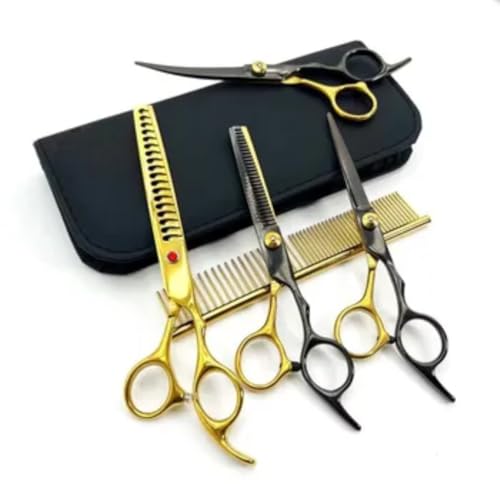 Kit Tesoura Multifuncional Cabelo/pelos Para Cabeleireiro e Pet Shop Tosa Banho Spitz (Dourado com Preto)