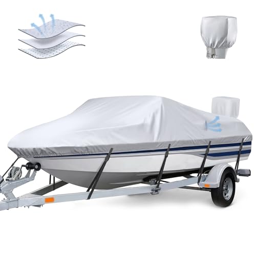 Outmax Trailerable Boat Cover with Motor Cover Waterproof 23-24 Marine Grade Heavy Duty Polyester Canvas Fit Bass Boat V-Hull Pro-Style Runabout Fishing Ski boat with Tightening Strap Silver