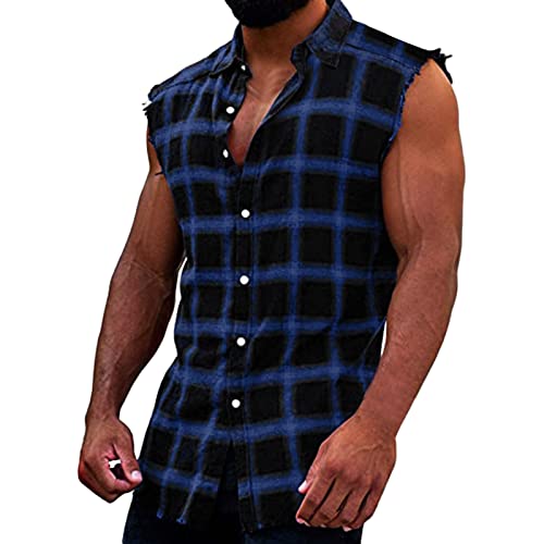 Mens Denim Vest Sleeveless Ripped Slim fit Distressed Jean Jackets Workout Tank Tops Button Down Muscle Fitness Shirt
