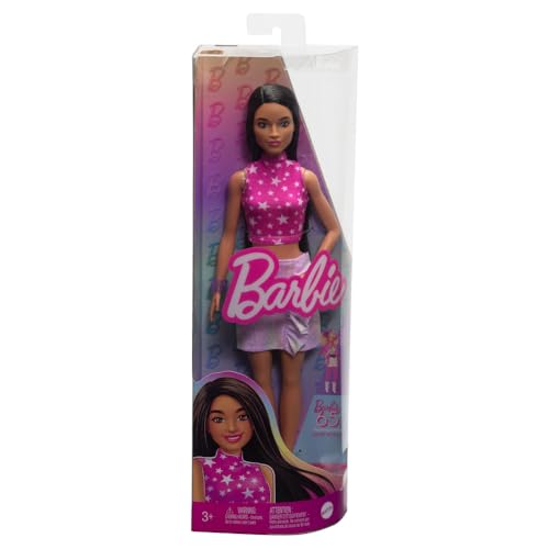 Image of Barbie Fashionistas Doll #215 with Black Straight Hair, Pink Star-Print Top & Iridescent Skirt, 65th Anniversary Collectible Fashion Doll