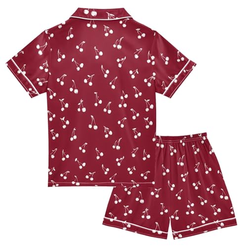 White Red Cherry Pattern Summer Satin Pajama Set, Cute Button-Down Sleepwear Pj Set for Sleep Wears2