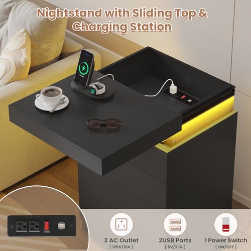 ADORNEVE Black Night Stand Set of 2,Tall Nightstand with Charging Station & LED Light & Sliding Top,Bedside Table with Drawers,Modern Bed Side Tables Bedroom - Thumbnail 3