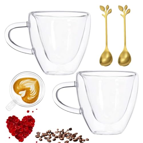 Umllpet 250 ml Corazón Doble Pared Latte Macchiato Vasos de Vidrio Borosilicato Tazas de Café Juego de Vasos de Café para Cappuccino, Latte, Té helado, Iced Americano, Leche, Jugo, Cerveza, 2 Unidades