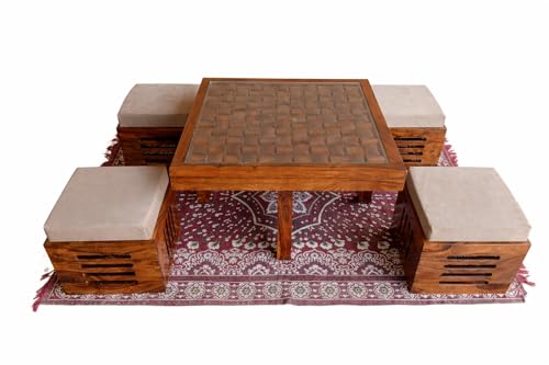 Image of Solid Sheesham Wood Center Coffee Table Set - Includes 4 Stools and Glass top Table Wooden Niwar Design ; Furniture for Living Room, Hall and Office. (Natural)