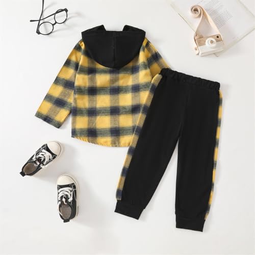 Image of OLMRJKD Toddler Baby Boy Clothes Plaid Long Sleeve Hoodie Sweatshirt + Pants 2pcs Boys Outfit Set