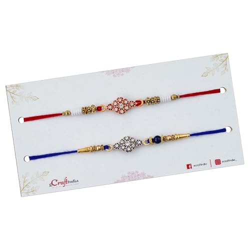Image of eCraftIndia Set of 2 Multicolor Religious Om Symbol and Peacock Designer Rakhis with Roli Chawal Pack and Best Bro Ever Fridge Magnet - Rakhi for Brother