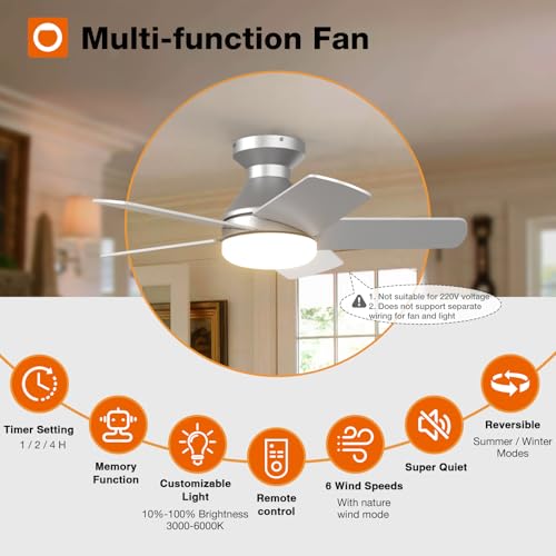 Image of addlon Ceiling Fans with Lights, 32 inch Low Profile Ceiling Fan with Light and Remote Control, Flush Mount, Reversible, 3CCT, Dimmable, Quiet, Silver Small Ceiling Fan for Bedroom Indoor /Outdoor Use