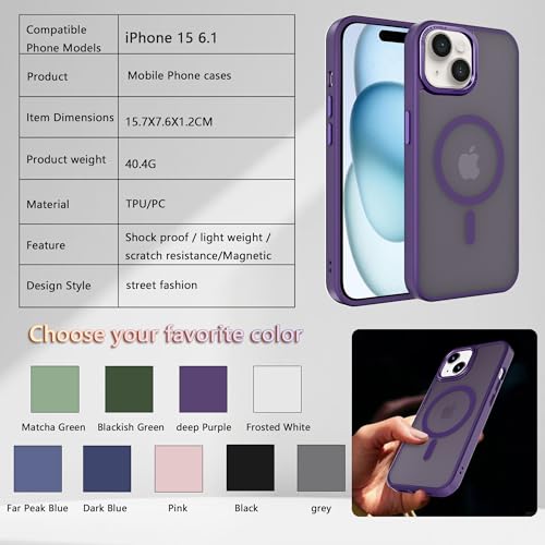 Image of Magnetic iPhone 15 case,Compatible with Magsafe, Military-Grade Protection,Slim Translucent Matte Shockproof with Anti-Scratch Anti-Fingerprint Phone Cover (deep Purple, iPhone 15)