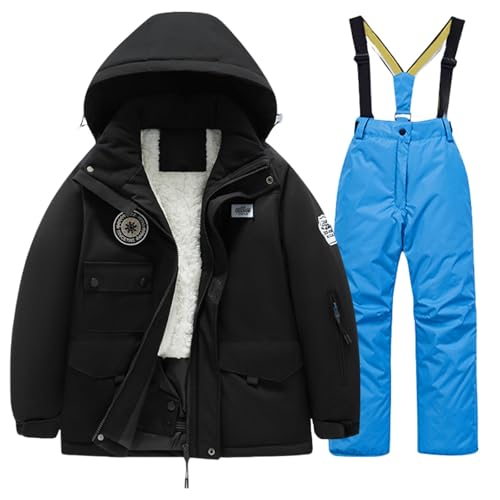 Boys' Snowsuit Set Long Sleeve Fleece Hooded Jacket and Overalls Pants Solid Warm 𝗦now Clothing for Winter