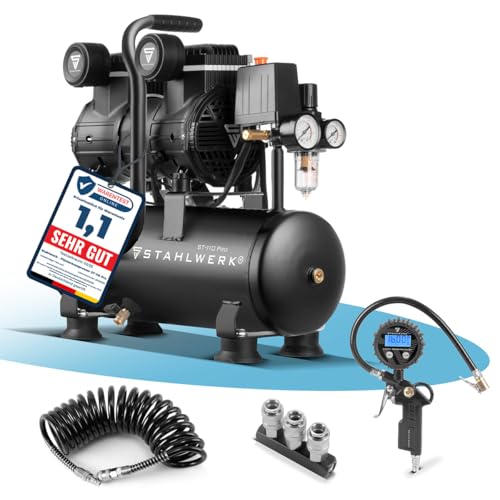 STAHLWERK Kompressor 10 L Tank - ölfrei & leise, 10 bar, Druckluftkompressor mit Brushless-Motoren, 2,1 PS, 1,6 kW, 210 l/min, Flüsterkompressor, ST-110 Pro (Schwarz - Vollausstattung)