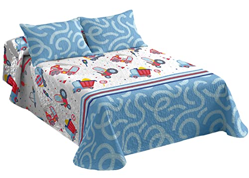 HARADECO Colchas Infantil Cama 90 Microfibra, a Juego con Sábanas de 3 Piezas Estampadas Camiones para Niños (Cama 90, Azul Cielo Colcha)