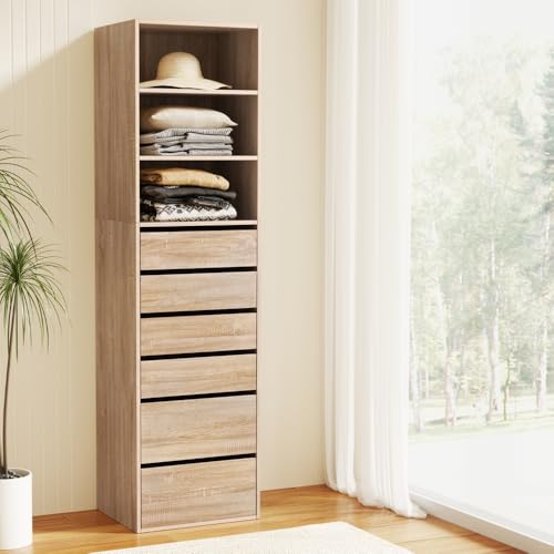 Artiss Chest of Drawers with 6 Drawer, Dresser Tallboy with 3 Shelves Storage Cabinet Board Side Tables, Floor Stand Nightstand Cabinets, Bedroom Living Room Home Furniture Pine