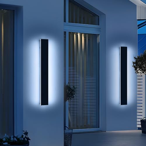 Image of 2 Pack 31.4inch Modern Exterior Wall Lights, 6000K Cold White, Outdoor Wall Mount Linear Sconces, 31W, IP65 Waterproof Minimalist Strip Led Lighting for House, Porch, Garage, Garden
