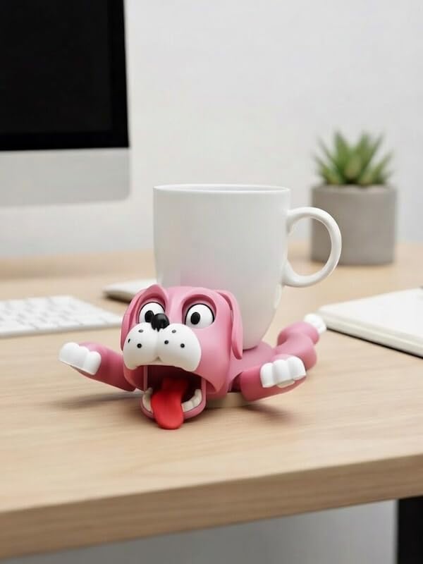 3D Baskılı Hareketli Köpek Figürlü Bardak Altlığı – Eğlenceli Dekor Coaster – Hediye & Masaüstü Aksesuar – Renk Seçenekleri (Pembe)