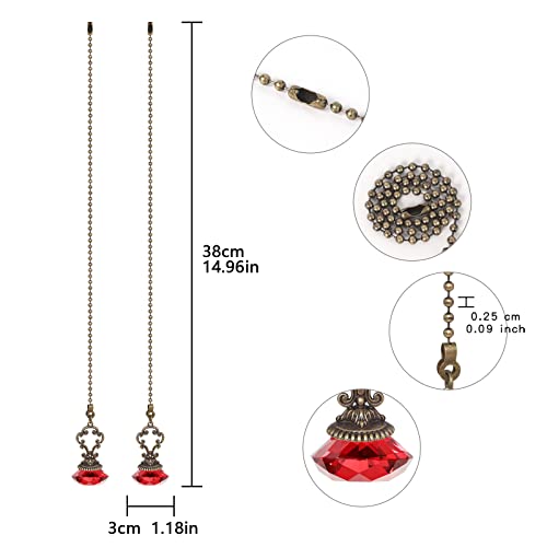 Image of 2pcs Red Crystal Fan Pull Diamond Drop Vintage Pull Chain Ceiling Pull Chain Extender with Connector