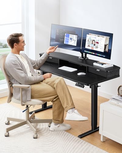Image of HUANUO 48″ x 28″ Electric Standing Desk with 2 Drawers, C-Clamp Mount Compatible, Height Adjustable Computer Desk, Home Office Stand Up Desk with 4 Preset Heights & 2 Hooks, Black