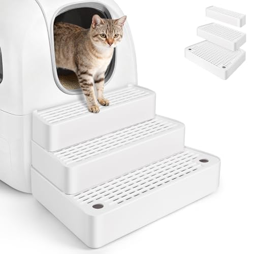 Bartuke Rampe de litière Extra Large à 3 marches réglable avec Fonction de Filtre, Facile à Nettoyer, pour Chats âgés et Chatons (Blanc)