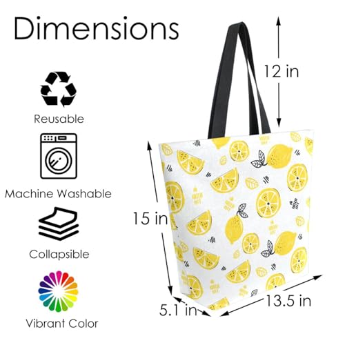 Cute Yellow Lemon Slice Canvas Tote Bag for Women with Zipper Pocket Reusable Grocery Shopping Bags Large Travel Shoulder Bag Handbag Bags4