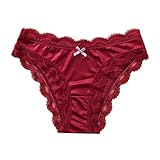 wodceeke Women's Lace Satin Panties Underwear Sexy Cheeky Briefs Low Rise Breathable Underpants Lingerie Wine