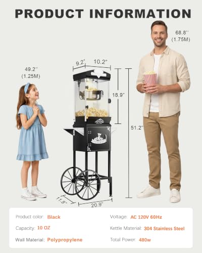 Image of 10 oz Popcorn Machine with Cart, Pop Corn Maker Machine with Wheel&Stainless-Steel Kettle Makes Up to 40 Cups, Vintage Movie Theater Style Popcorn Machine with Tilting pot, Black
