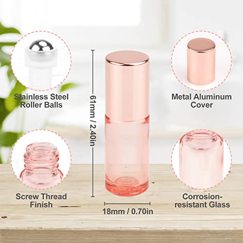 1/6 oz Pink Essential Oil Roller Bottle,20 Pcs Empty Glass Roll-On Vial with Stainless Steel Roller Ball,Rose Gold Lid,Portable Sample Container for Oils-Opener&Dropper Included3