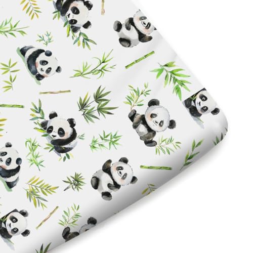 Image of Watercolor Panda Green Leaves Fitted Baby Crib Sheet for Baby Boy Girl 52 inchx28 inch Cute Bear Animal Soft Breathable Unisex Fitted Baby Bed Sheets Fits All Standard Crib and Toddler Mattress Pads